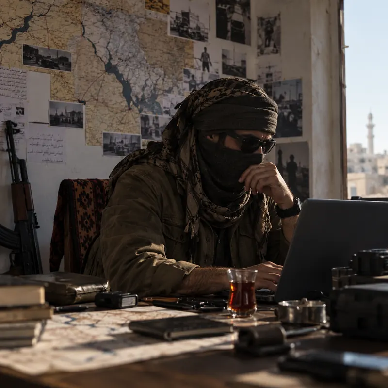 Analyst at a laptop in front of a map wall