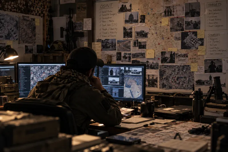 Analyst desk with a wall of photographs and maps