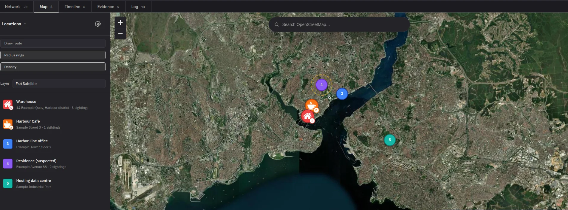 Map view with pinned locations over satellite imagery